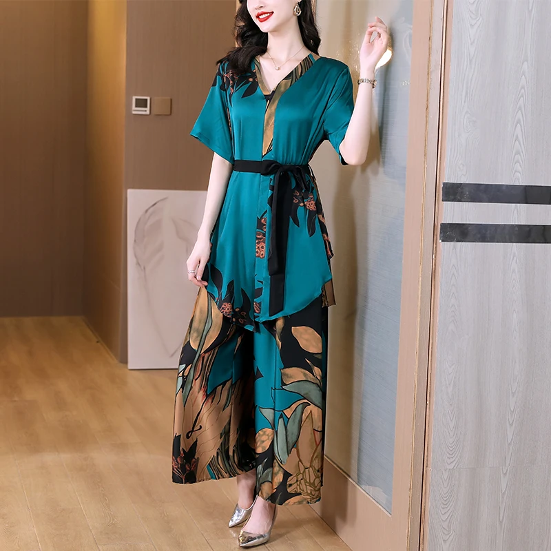 

Women Floral Short Sleeve Cardigan Dress+Wide Leg Pants Two Piece Sets Korean Fashion Elegant Luxury Two Peice Dress Sets