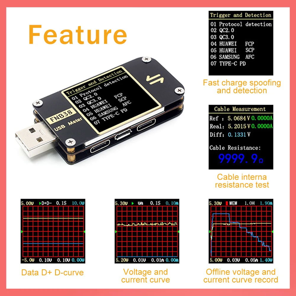 FNB38 USB Tester Medidor de tensão atual, carregamento rápido Protocolo Capacidade Tester, QC4 + PD3.0, QC2.0, PPS, FCP, SCP, AFC