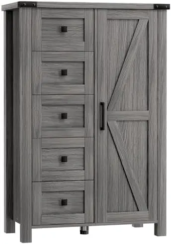 Farmhouse Dresser Storage Cabinet Chest of Drawer for Bedroom, 5 Drawer Dresser with Barn Door, 48 Inch Tall Grey Wood