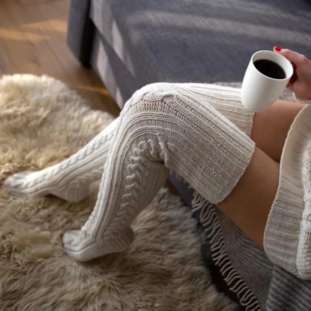 Trendy Winter Warm Women's Socks Thick Sexy Casual Knitted Stockings Thigh Sock Stripes Stacking Over Knee Long Socks Gift