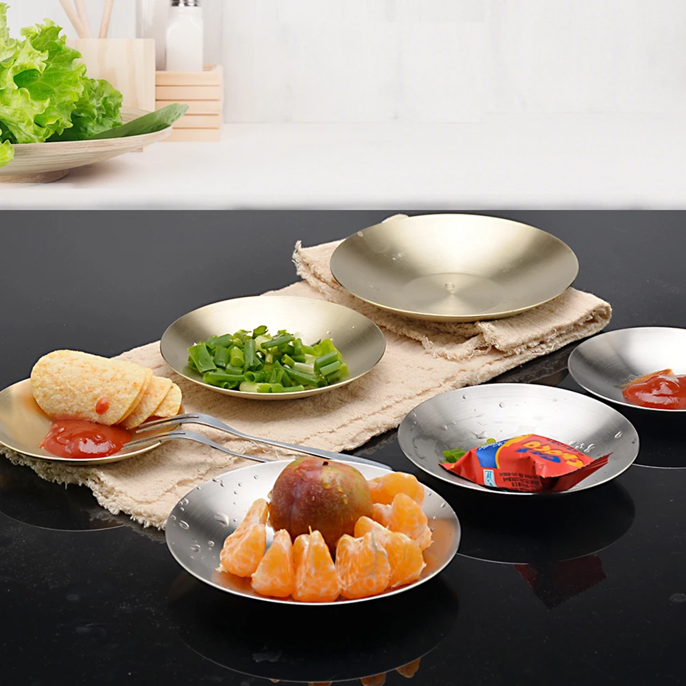 

4Pcs/Set Stainless Steel Snack Dessert Dishes with Fruit Fork Soy Dish Sauce Dish Seasoning Plate Kimchi Bowl Kitchen Supplies