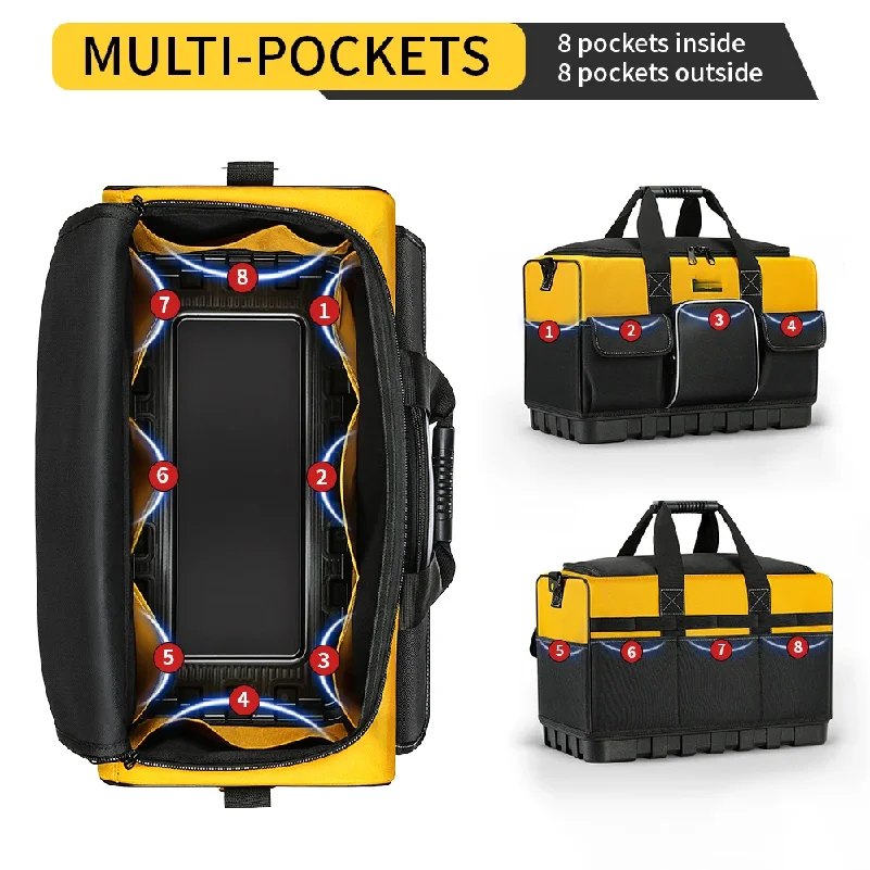 Sac à outils robuste avec large ouverture et fond moulé - Bandoulière réglable, polyester durable, jaune/noir
