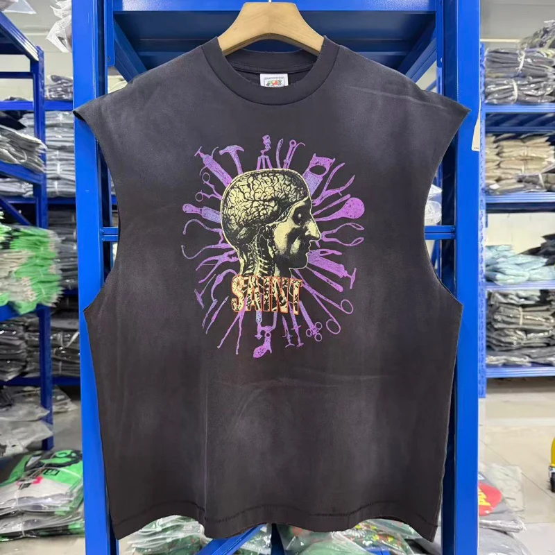 26ss New Men Women Saint T-shirt Tank Top Model Human Anatomy Print Washed Cotton Open Sleeves Tops Tee