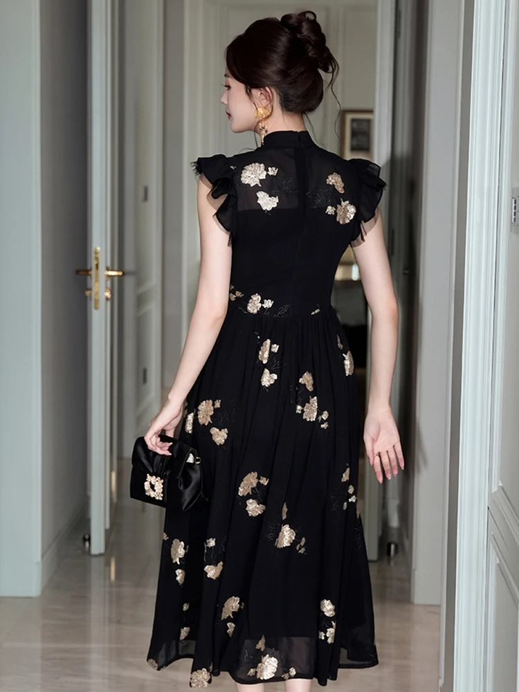 Vintage Qipao Maxi Dresses for Women Sexy Cheongsam Dress Black Sequin Embroidery Hollow Cut Out Party Robe Femme Prom Vestidos