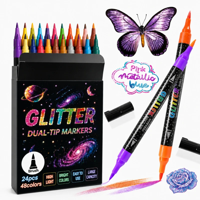 

48 colors Glitter Effect Brush Markers,Dual Tip Dual Color Brush Shimmer Marker for Doodle Writing,Glitter Art Crafts Adults DIY