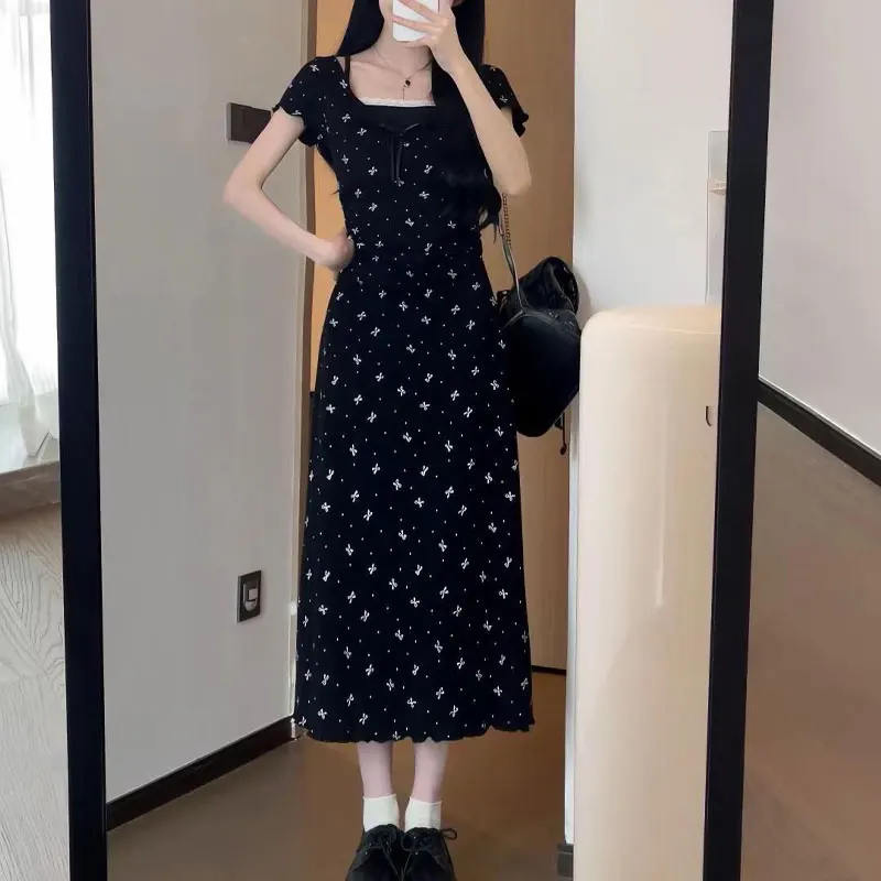 Fake Two Pieces Lace Spliced Mini Long Dress Female Clothing Elegant A-Line Waist Summer Fashion Printed Korean Casual Dresses