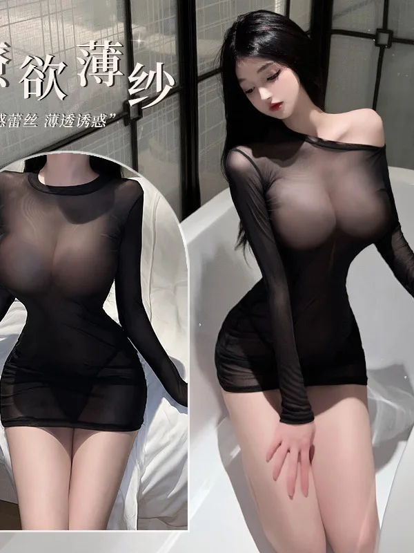 한국어 뜨거운 섹시한 여성 블랙 드레스 속옷 긴 소매 투명 쉬어 미니 드레스 우아한 코스프레 2023 새로운 달콤한 BM8Z