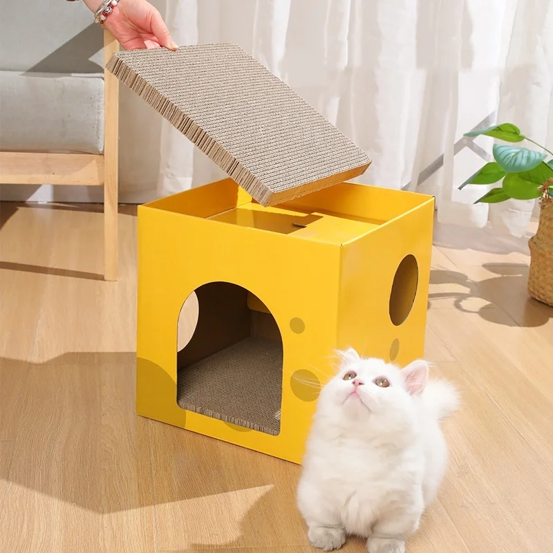 Casa plegable para gatos cartón diseño queso con rascador transpirable - imagen 5