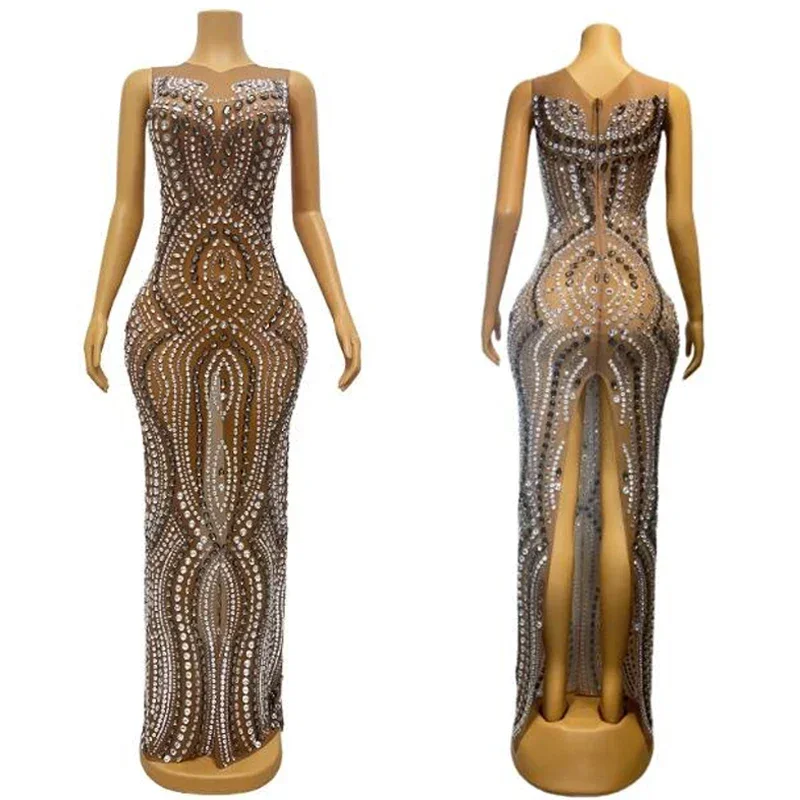 Full Rhinestones Evening Dress Women'S Party Festival Outfit Sexy Stretch Brown Mesh Long Dress Stage Celebrate Costumes XS6801