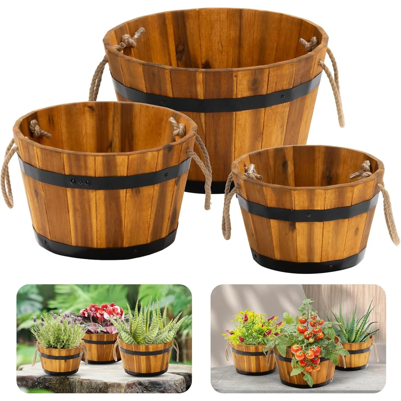 

US Set of 3 Wooden Flower Boxes Outdoor, Durable Acacia Wood Barrel Planters for Outdoor Plants with Ergonomic