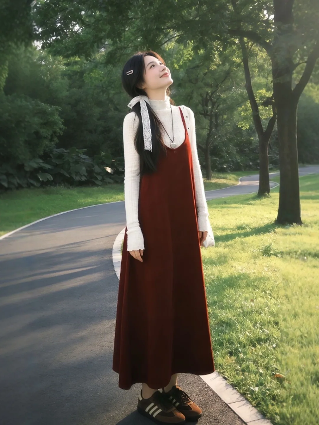 

Ретро-комплект из двух предметов: базовая рубашка и платье на бретельках, весна 2026, комфортный, с длинным рукавом, круглым вырезом, из смесового хлопка, для взрослых женщин