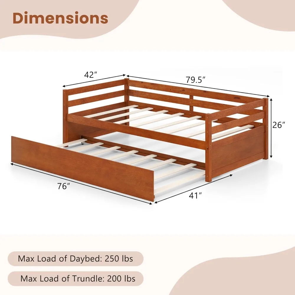 Twin Daybed with Trundle, Wood Trundle Bed with Wood Slat Support, Mid Century Day Bed Frame for Living Room Guest Room