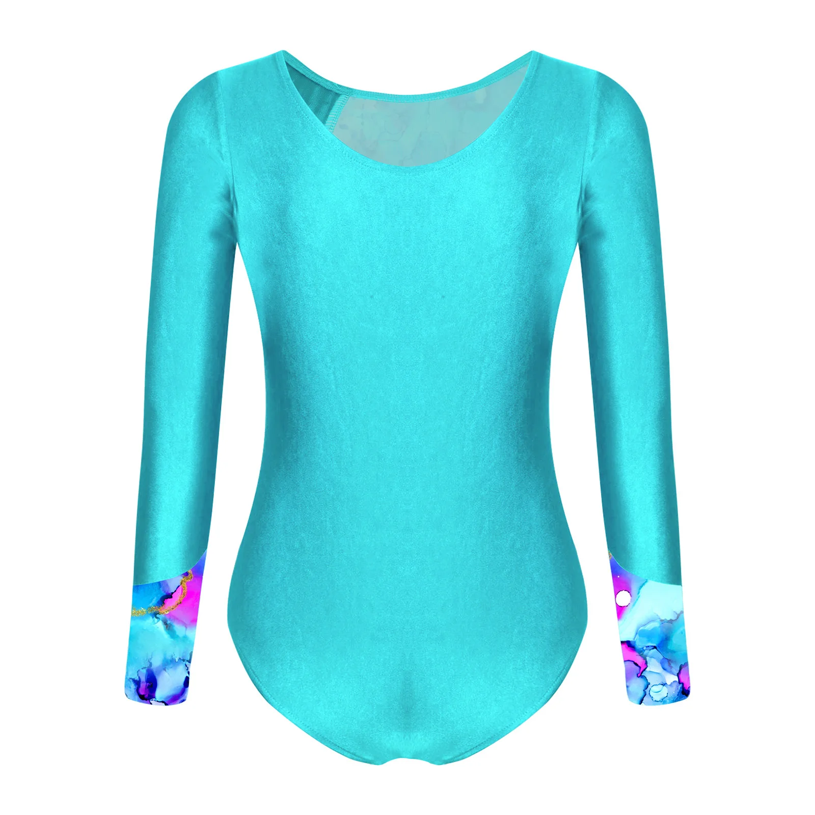 Girls Shiny Rhinestone Gymnastic Leotard Printed Long Sleeve Jumpsuit Ballet Dance Figure Skating Acrobatics Performance Costume