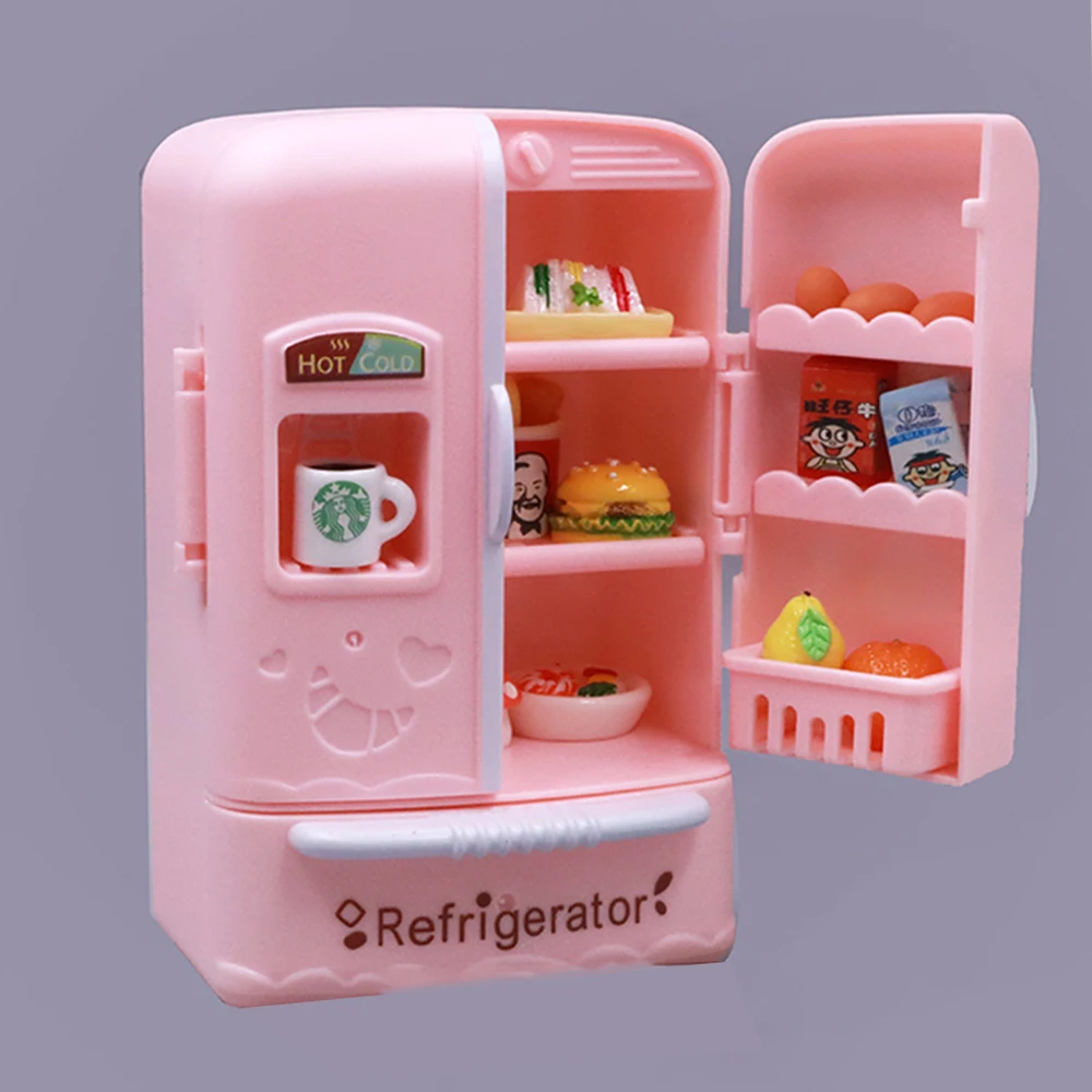 Cute Simulation Microfilm Furniture Double Door Refrigerator 1:12 Dollhouse Kitchen Model Decorations For Girl Birthday Gifts