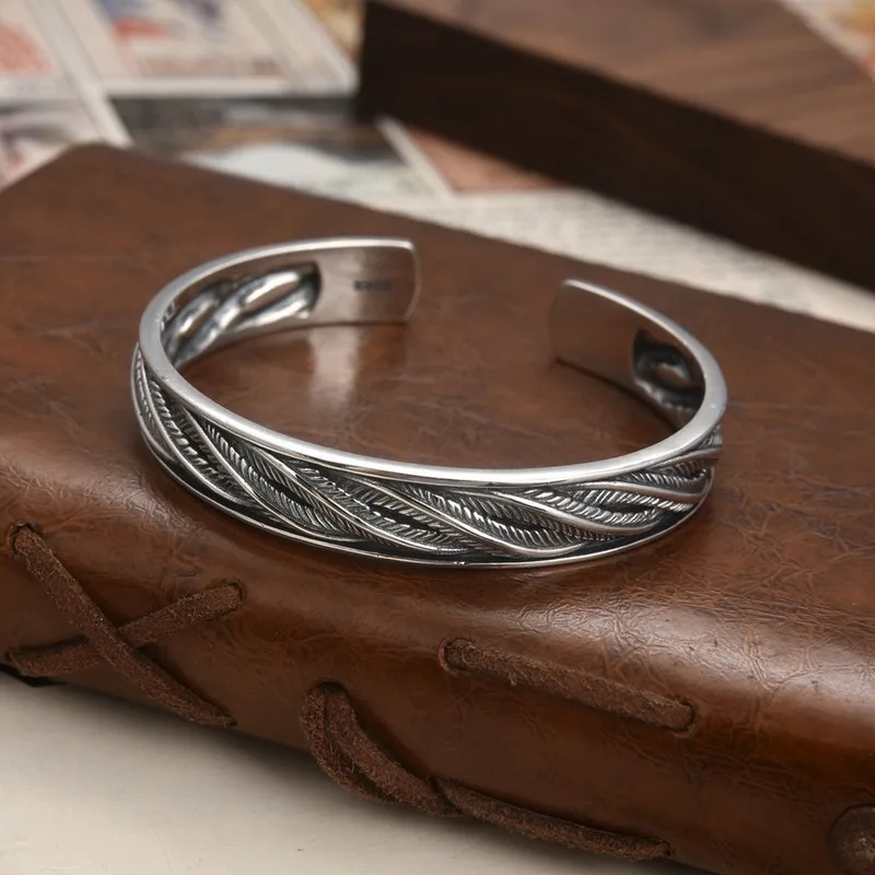 Twisted Weave Pattern Ancient Style , Fashionable Open Adjustable Versatile Bangle, Thai Silver Men'S Bracelet