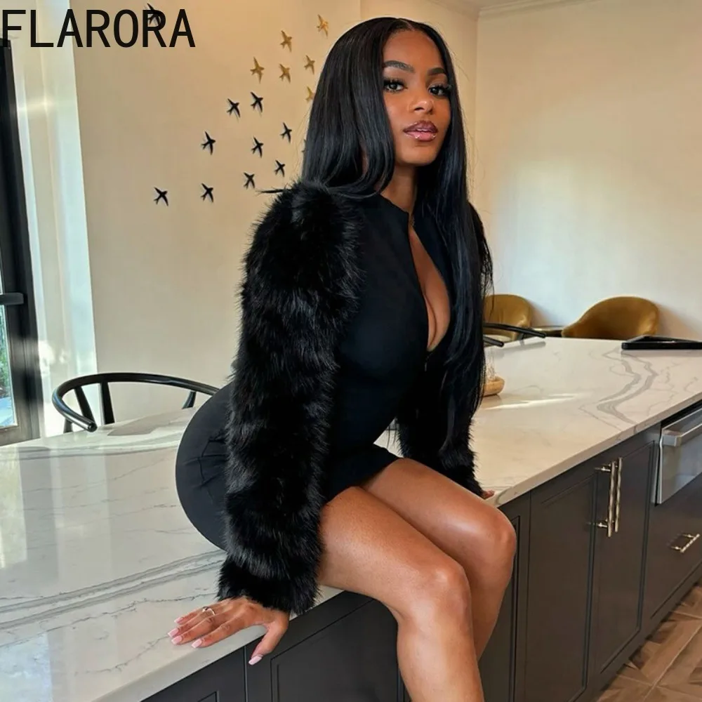 

FLARORA Elegant Furs Patchwork Dress Woman V Neck Long Sleeve Zip Bodycon Peach Hip Dresses Sexy Female Birthday Party Vestidos
