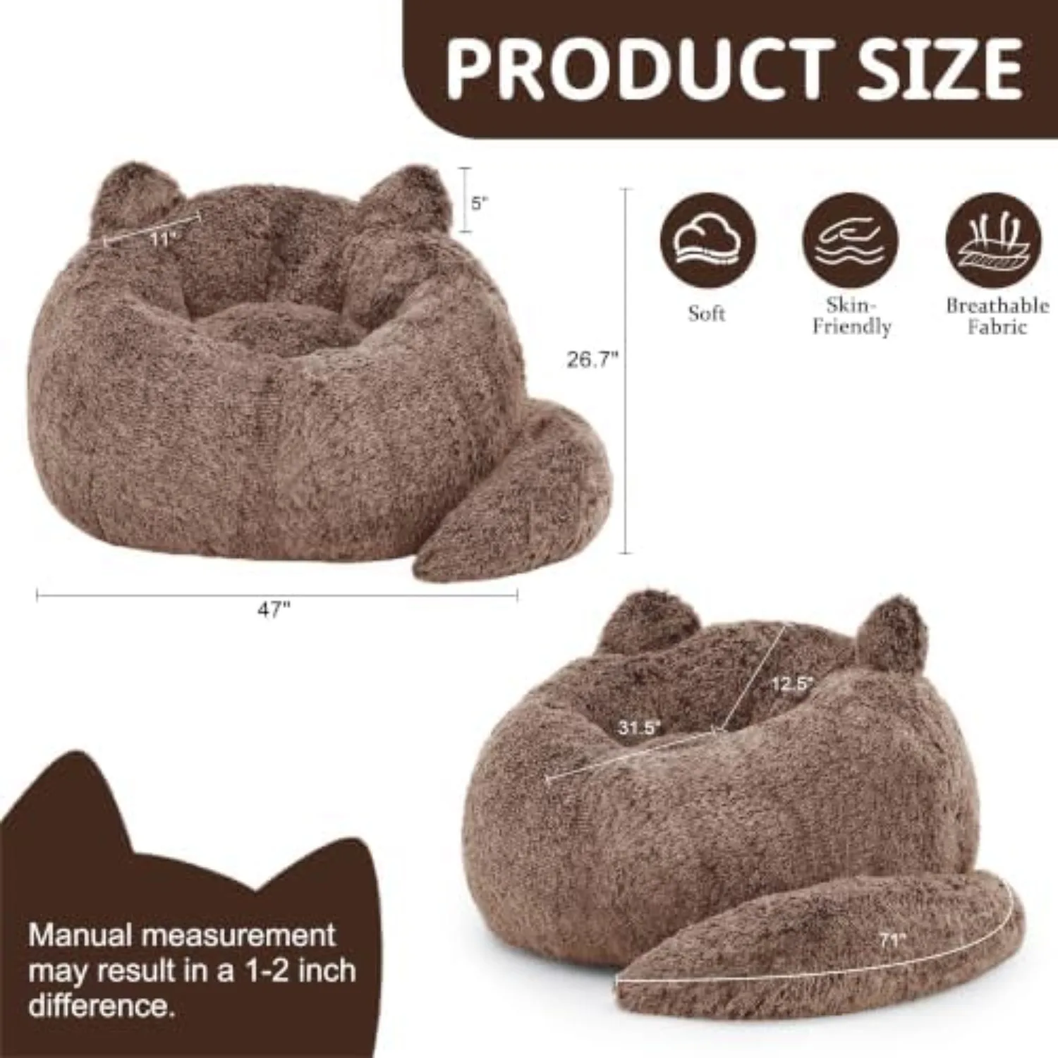 Bean Bag Chair, Giant Bean Bag Chairs for Adults Teens, Faux Fur Large Bean Bag Couch, Cat Shaped Fluffy Beanbag Sofa
