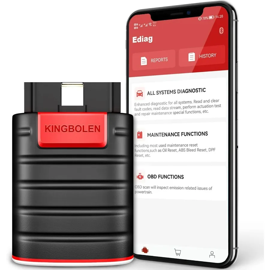 

Сканер Ediag OBD2 Bluetooth, двунаправленный диагностический сканер для всех систем, совместимый с iOS и Android, с функцией активного тестирования и 15+ функциями сброса FC.