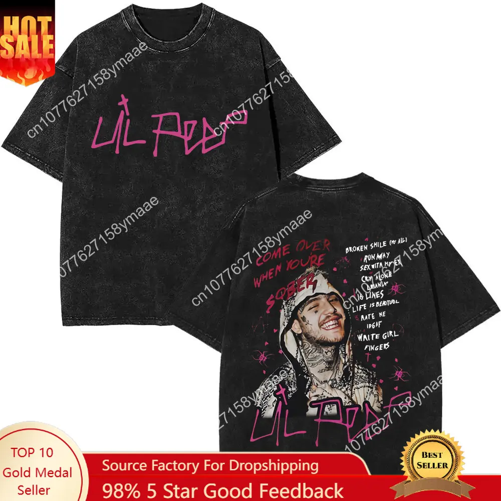 

Washed Vintage Rapper Lil Peep Double Sided Print T-shirts Men Women Fashion Hip Hop Oversized Short Sleeve T Shirt Streetwear