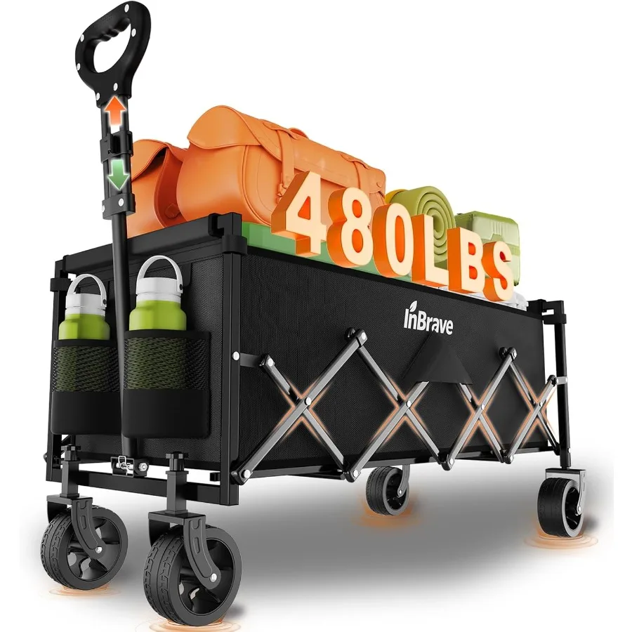 

Extra Long Collapsible Wagon Cart 480LBS Heavy Duty Utility Wagons with All-Terrain Wheels Foldable Grocery Carts for Gardening