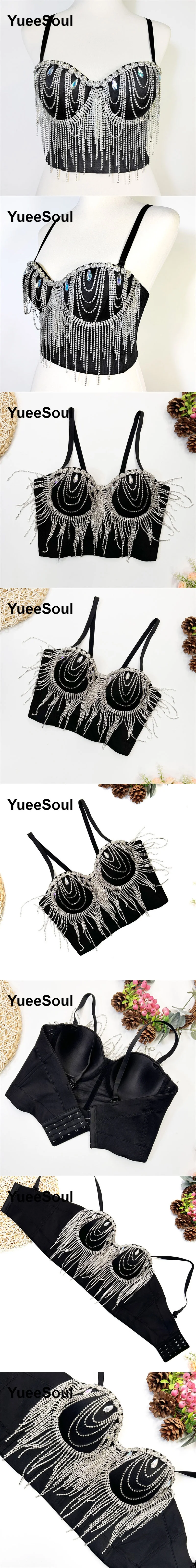 Black Y2K Tops White Rhinestone Sequins Tassel Slim Crop Top New Gothic Party Club Wedding High Street Sexy Corset Top Camis