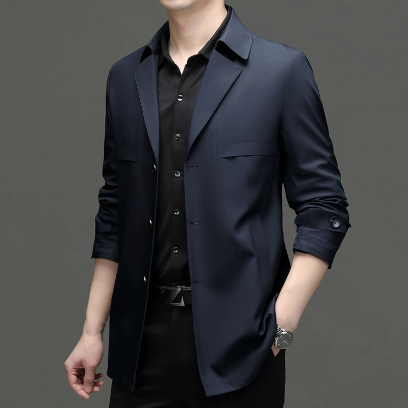 

Timeless Men's Smart Casual Topcoat Navy Blue Khaki Single-Breasted, Notch Lapel Design Trench Coat Essential Outerwear Autumn