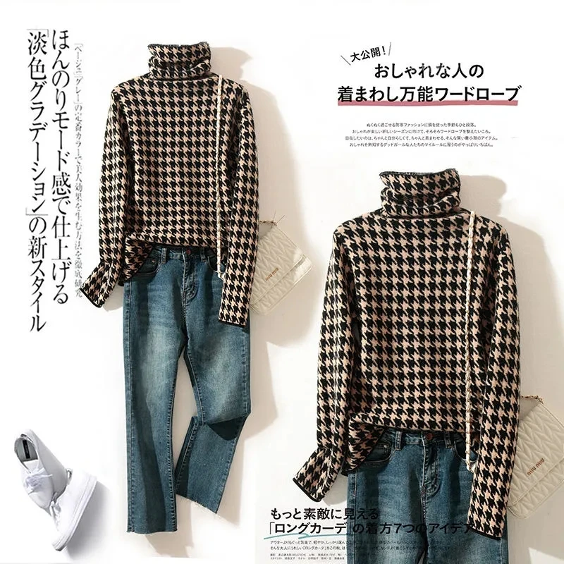 Houndstooth Plaid Turtleneck Vintage Soft Knitted Women\'s Sweater Korean Fashion Long Sleeve Jumpers Female Pullover Chic Tops