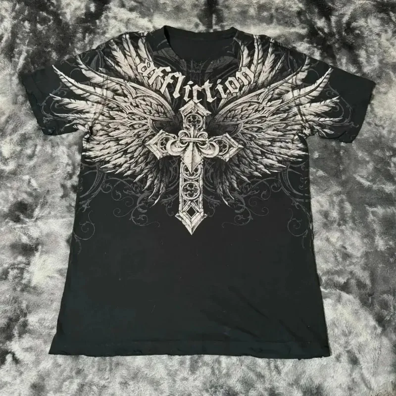 2026 Summer Y2K Gothic Printing Harajuku Style T Shirt High Street Broken Feeling Mens Short Sleeves Couple Collocation Kid Top