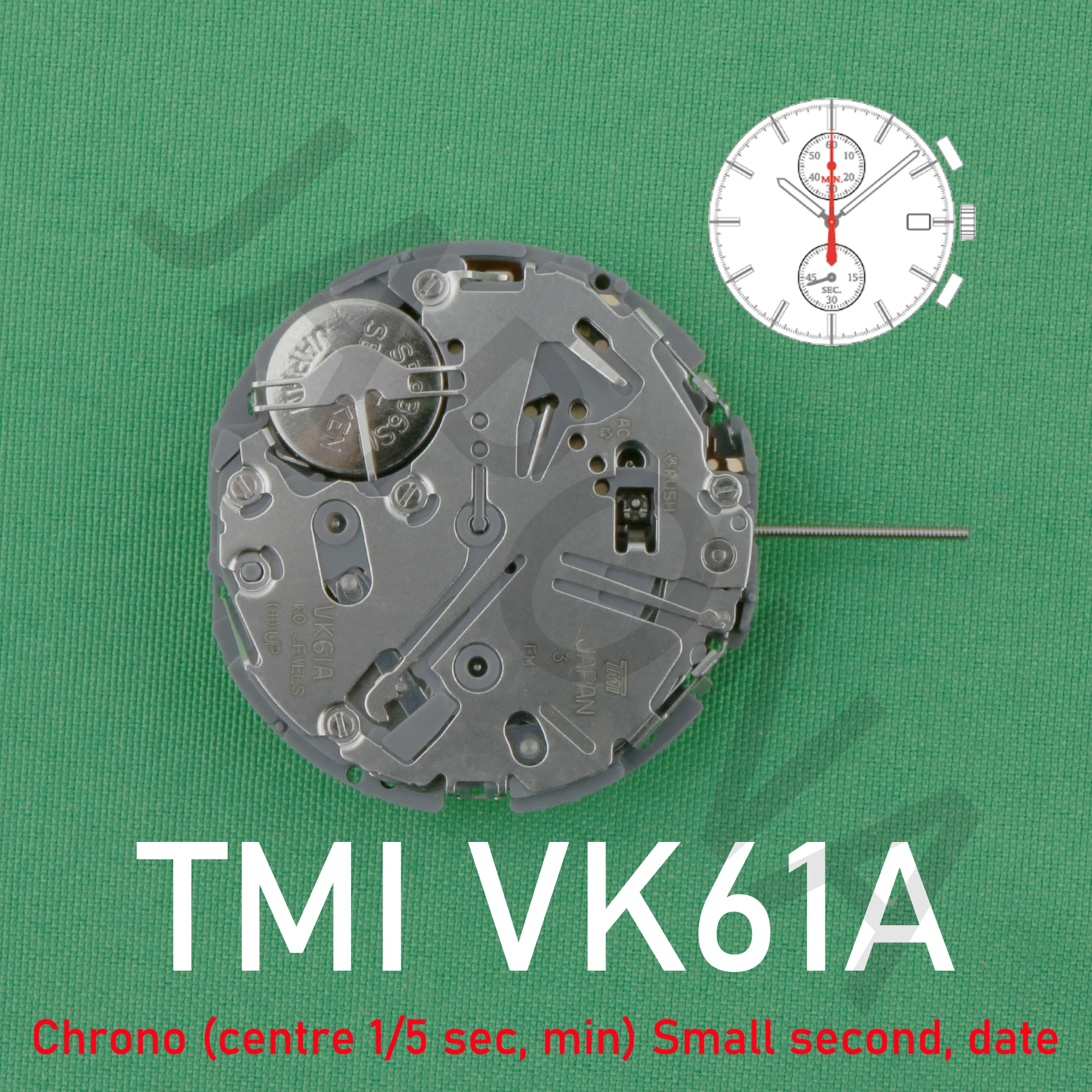 VK61 movement Japanese TMI VK61A movement Chrono (centre 1/5 sec, min）Small second, date  Precise timing quartz movement