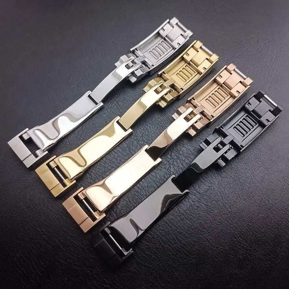 مشبك ساعة عالي الجودة 16 مم من الفولاذ المقاوم للصدأ المصقول بزر سحب مزدوج 9 مم ملحقات حزام ساعة قابل للتعديل