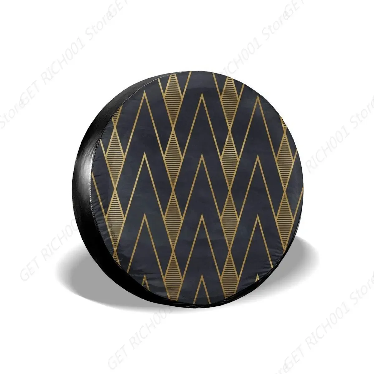 

Striped Spare Tire Cover Vintage Geometric Wavy Stripes Black Gold Line Waves Waterproof Wheel Covers for Truck
