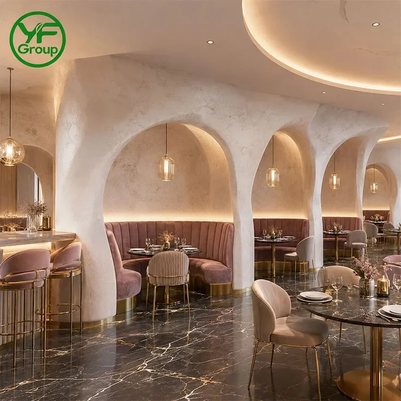 Wholesale Custom Restaurant Furniture Modern Wooden Velvet Curved U-Shape Booth Seating and Table Chair Set Cafe Hotel