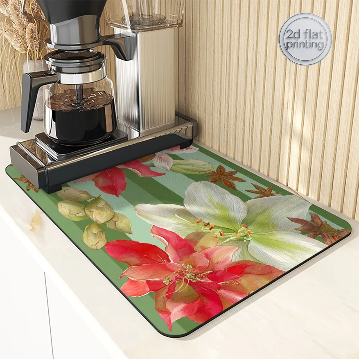 1pc Decorative Dish Drying Mat Christmas Amaryllis Poinsettia Floral Vintage Style Kitchen Absorbent Draining Mat Absorbent Drai