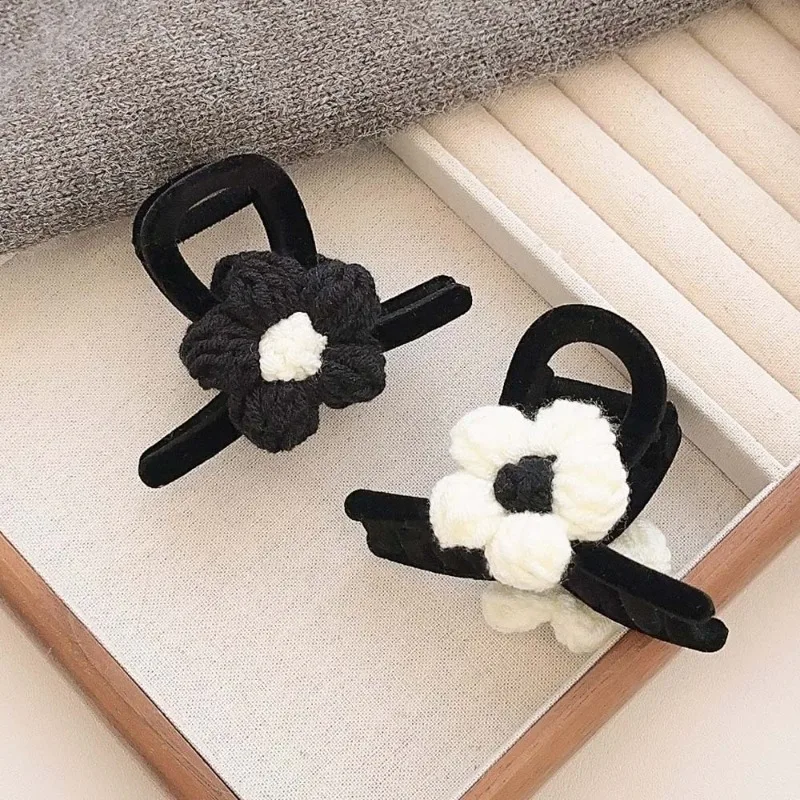 Wool knitted flower grab clip women's hair volume is small shark clip back of head plate hairpin semi-tie hair card headdress