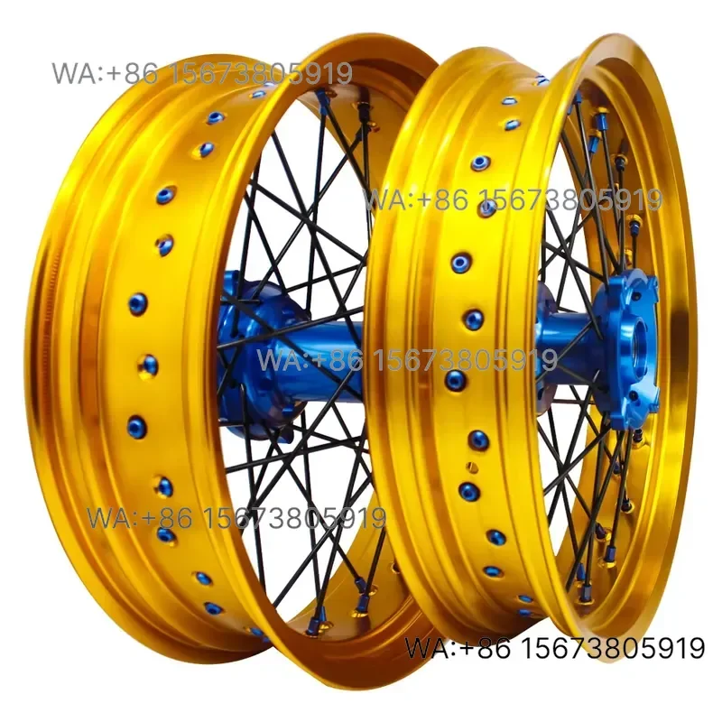 For  Wmwmnu 17 Inch Alloy Wheel Set Gold Rim Blue Hub Supermoto Wheels  RMZ 250cc 450cc Motorcycle Rims MOQ 1 Set