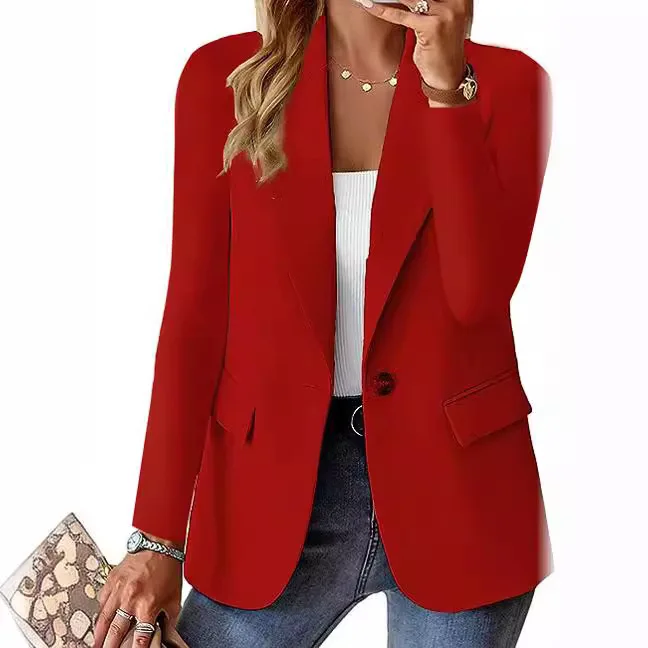 Fashionable Casual Women Blazer 2024 Spring Autumn New Solid Color Turn Down Collar Long Sleeve Suit Coat Elegant Office Lady