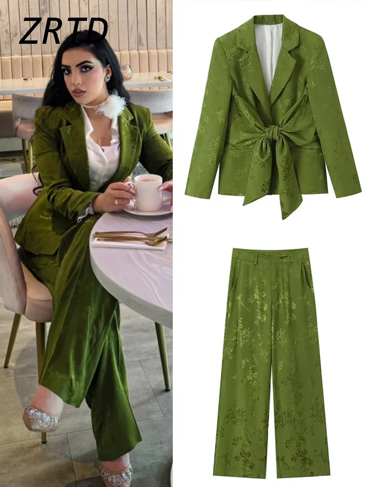 Elegant Sequins Jacquard Pants Set Women Lapel Bow Lace Up Long Sleeve Lapel Jacket Wide Leg Pant 2024 Summer Lady Office Outfit