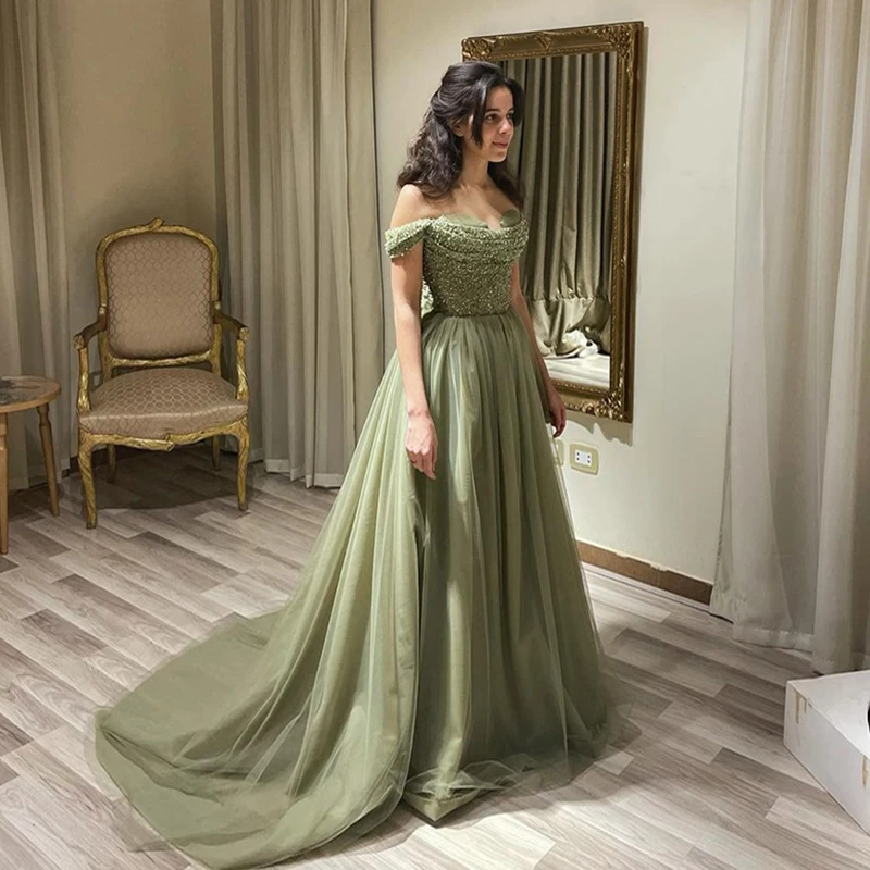 Sharon Said Sage Green Elegant Off Shoulder Evening Dresses for Beaded Long Wedding Dresses Arabic Party Gown SS314 Customized