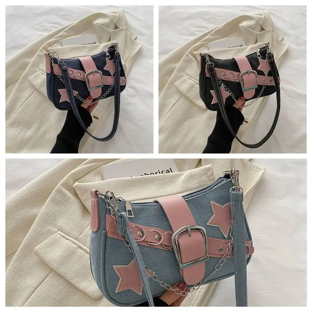 Bolso informal Y2k para mujer, bolsa de mano con estampado de estrellas, bolso de hombro de estilo coreano, bolso de mano de mezclilla con cadena