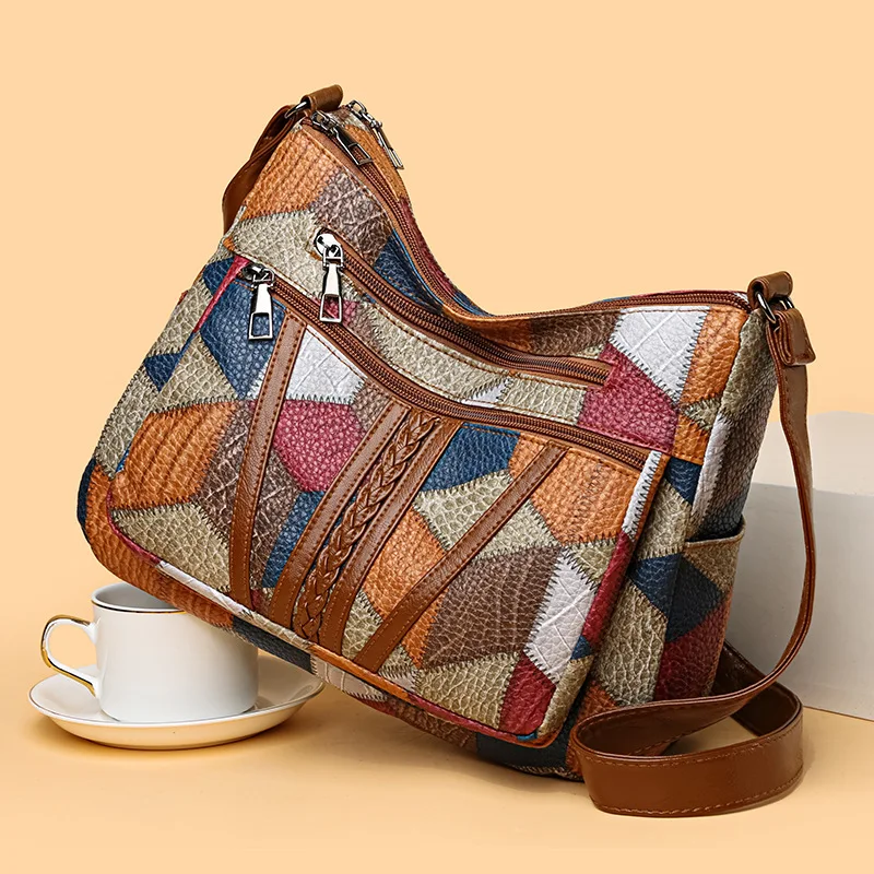 Vintage PU skórzana torba na ramię o dużej pojemności kobieca patchworkowa torebka moda na co dzień luksusowy projektant Patchwork Crossbody Pack
