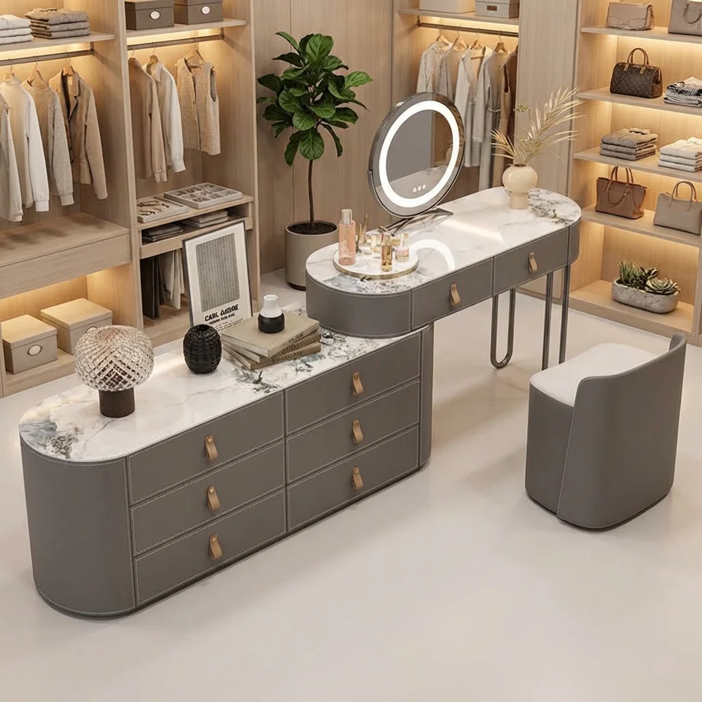 

%Modern French Solid Wood Vanity Set Jewelry Organizer Lighted Adjustable Mirror Stool Functional Dressing Table Bedroom/Living