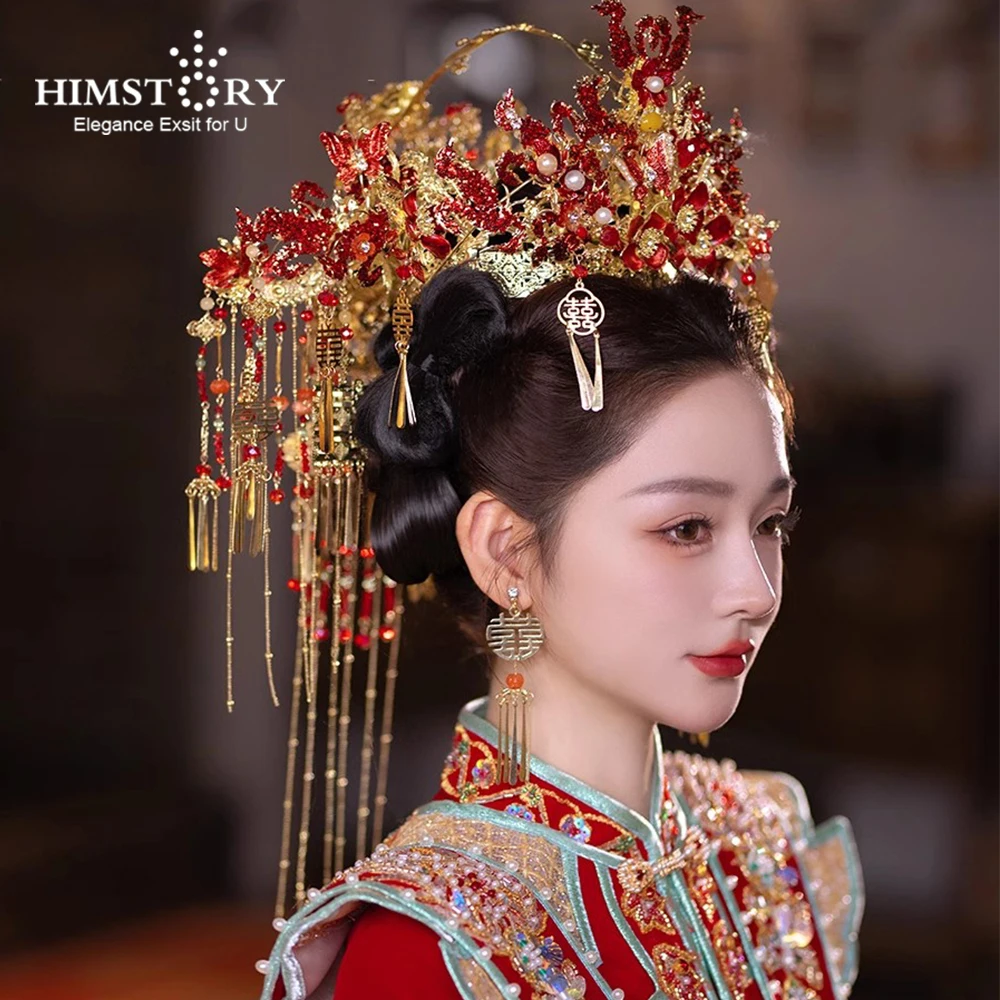 HIMSTORY Luxury Red Big Bridal Wedding Tiaras and Crowns Traditional Chinese Marriage Hair accessories for Women