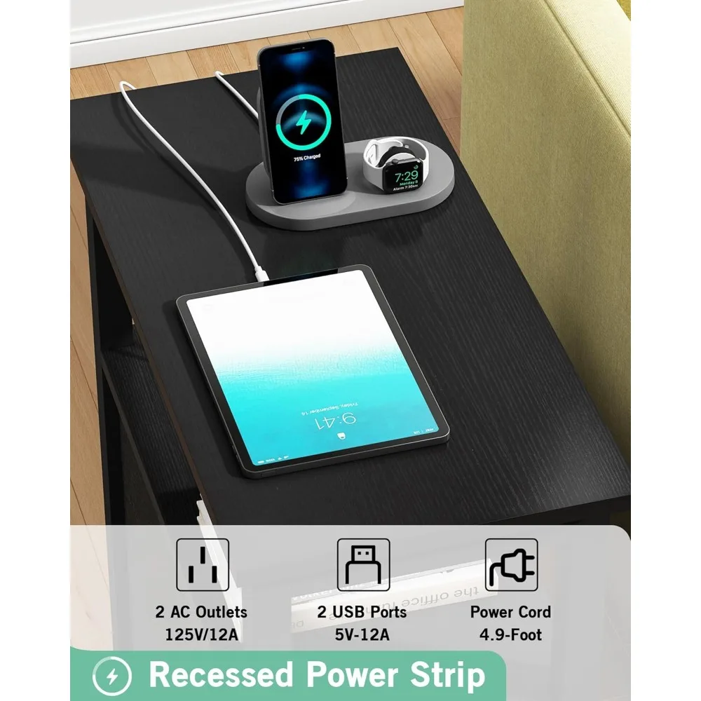 طقم طاولة جانبية للسرير من Sandinrayli مكون من قطعتين، طاولة نهائية سوداء لغرفة المعيشة، طاولات جانبية مع قاعدة شحن، منضدة مع 2 USB Po