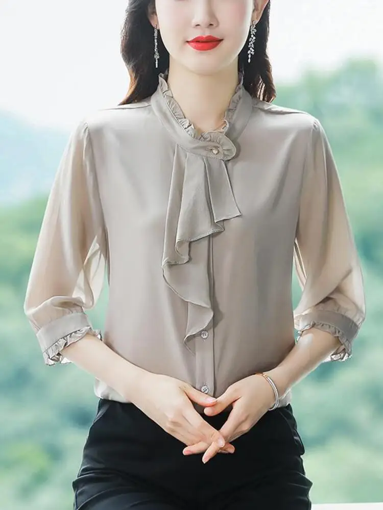 Middle Sleeves Modern Dance Line Clothing Women Stage Costume Classical Jazz Chiffon Adult Latin Kimono Top Stand Collar Shirt