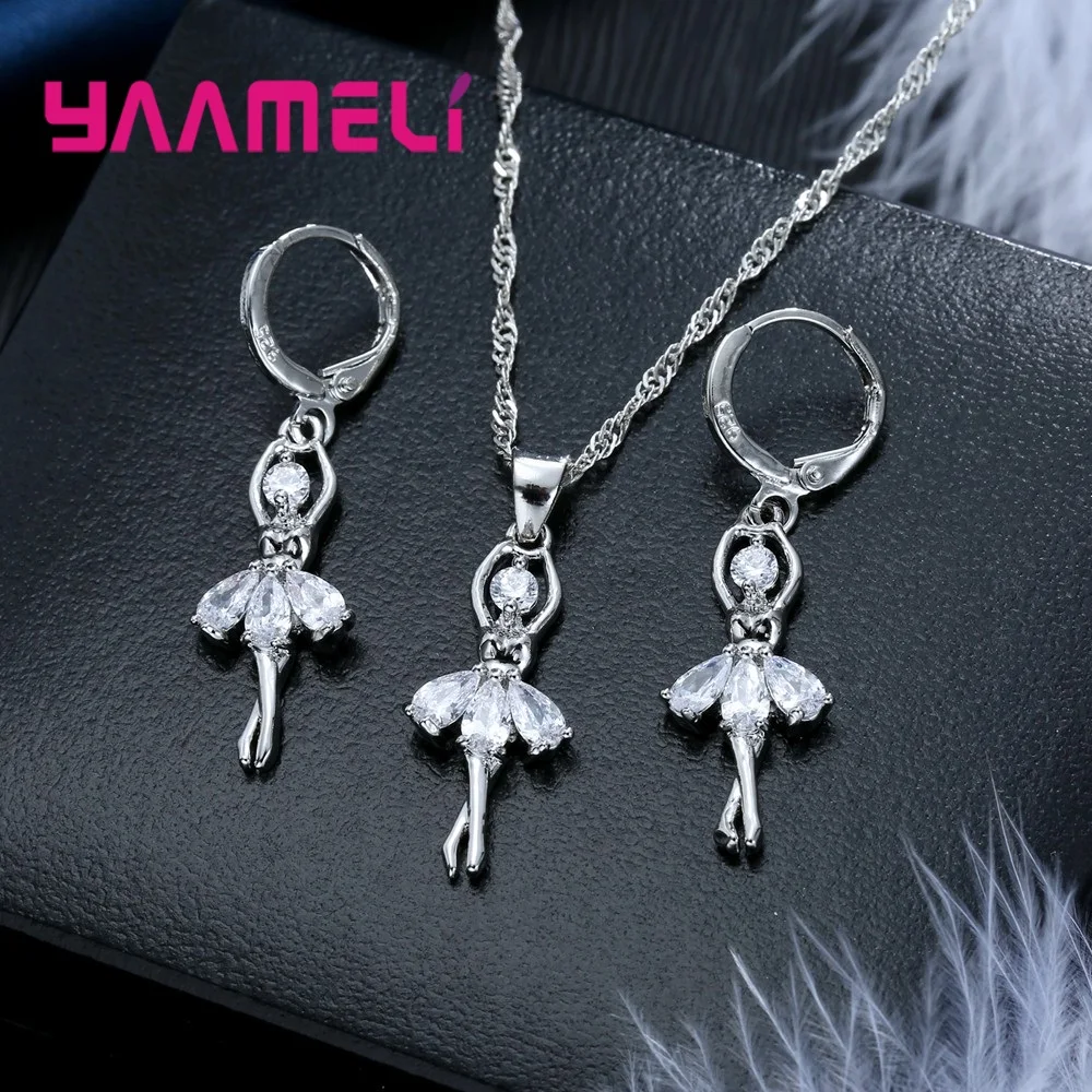 솔리드 SYAAMELI 보석 선물 세트 귀여운 발레 댄서 디자인 목걸이 후프 루프 귀걸이 여성 파티