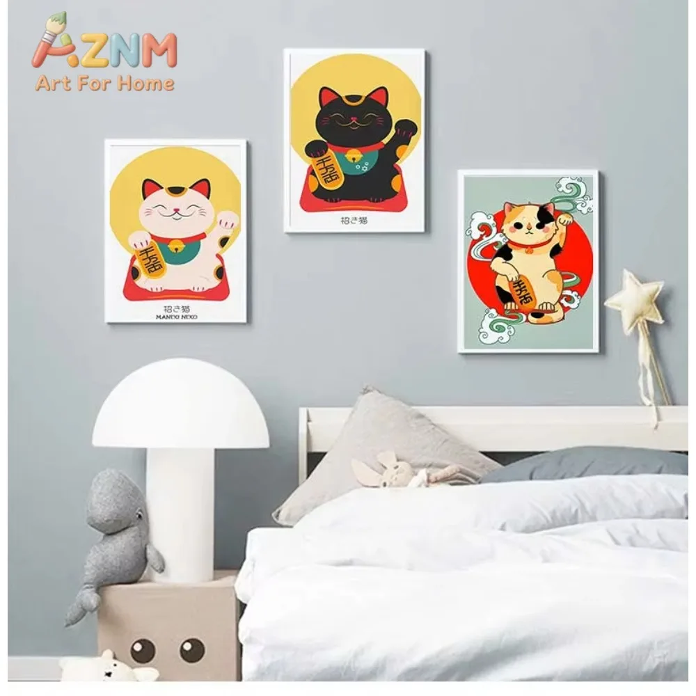 

1/3pcs Maneki Neko Print Lucky Cat Wall Art Canvas Decor Japanese Cute Animals Poster Pictures For Living Room Kids Home Mural