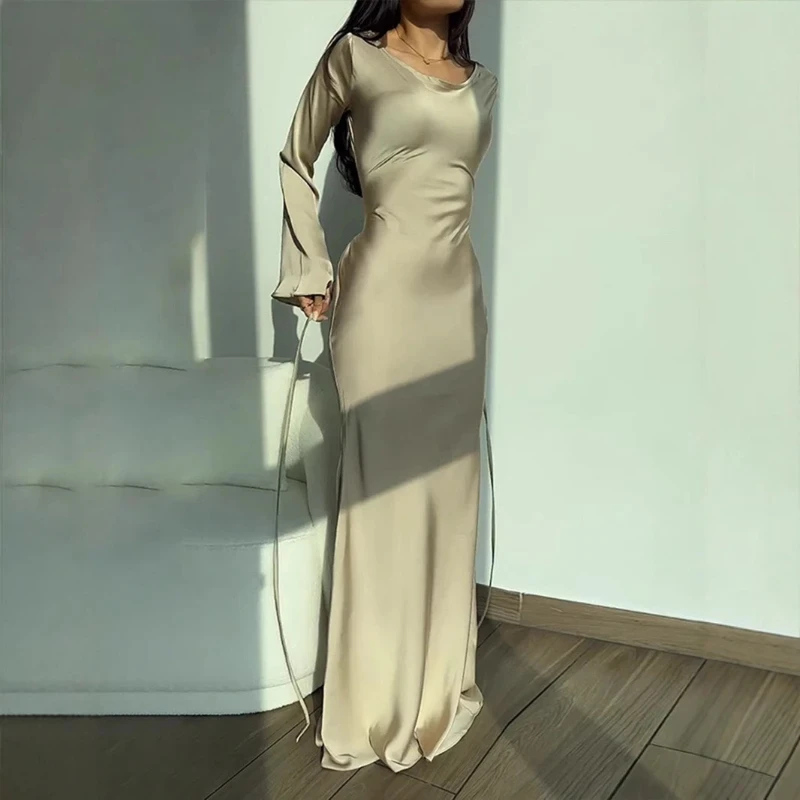 

2025 Autumn and Winter Fashion Elegant Women's Solid Color Round Neck Long Sleeve Lace-up Temperament Lazy Wind Slim Dress
