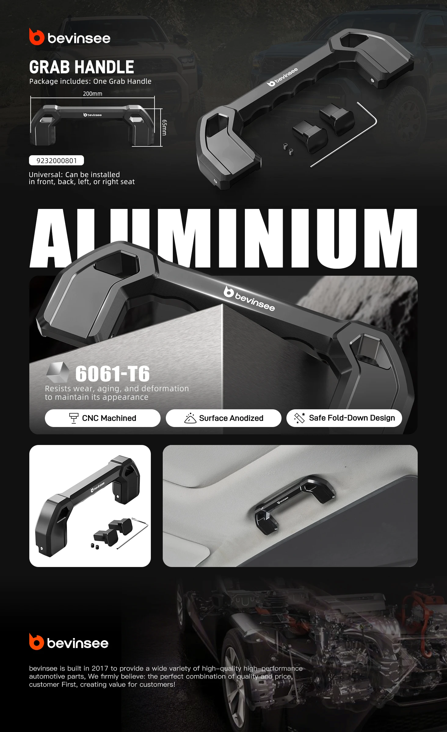 BEVINSEE Aluminium-Haltegriff für Toyota 4Runner 2010-2024, für Toyota Yaris Prius C/V Scion XB XD, Ersatz für 74610-02071-B0 – Detail 1
