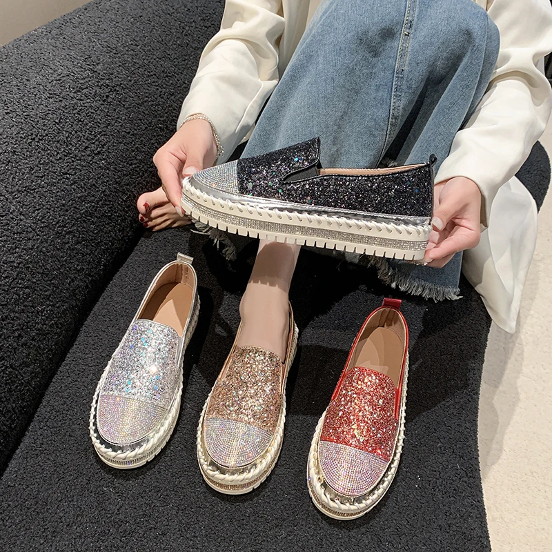 

Women's Water Diamond Fashion Casual Shoes Designer Flat Shoes High Quality Thick Bottom Women's Luxury Loafers Zapatos De Mujer