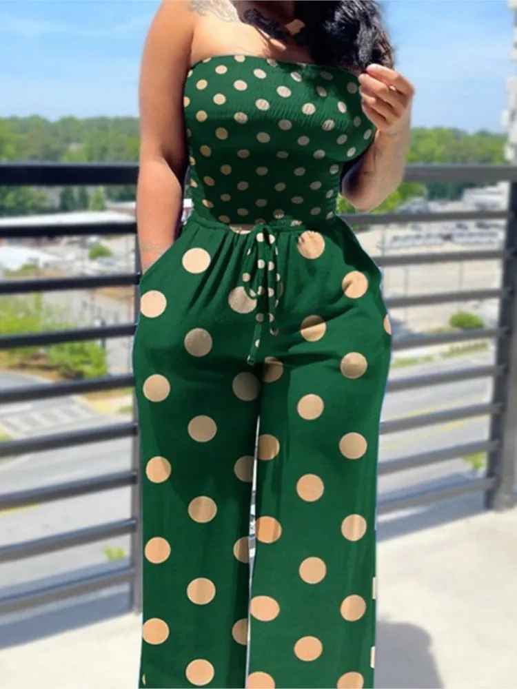 Women\'s Sexy Strapless One Piece Printed Pants Summer Fashion Lace Up High Waisted Slim Sleeveless Female Beach Holiday Jumpsuit